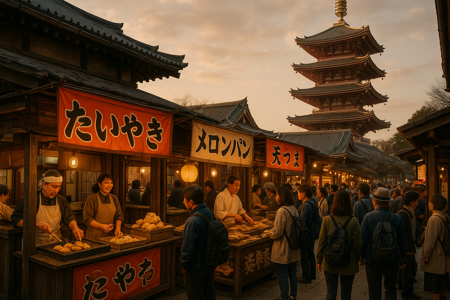 Traditional Asakusa street food scene with Sensoji Temple pagoda in background
