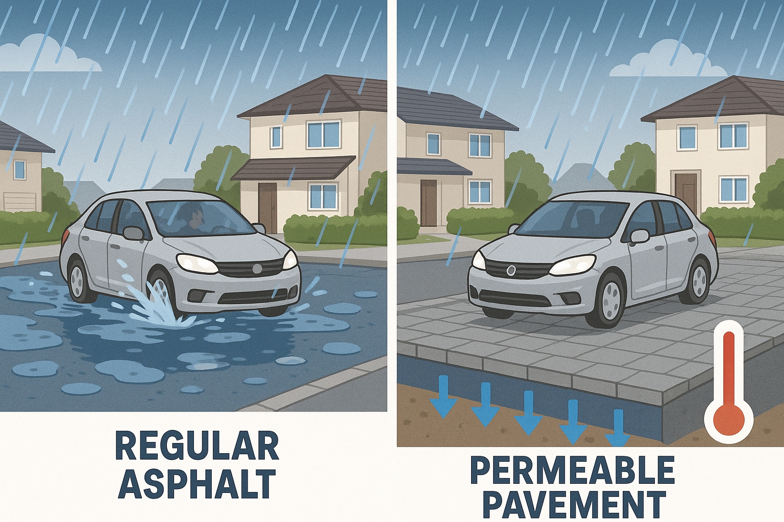 透水性舗装と通常舗装の雨天時比較