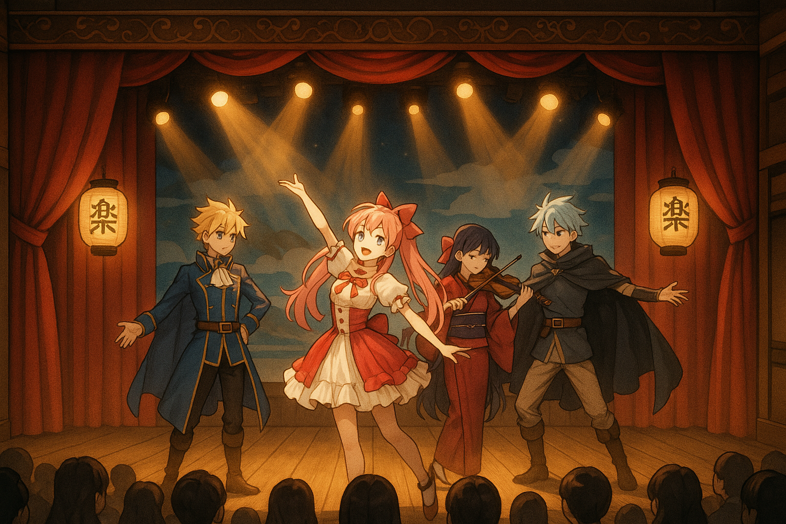 2.5D musical theater stage with anime characters brought to life by performers in elaborate costumes