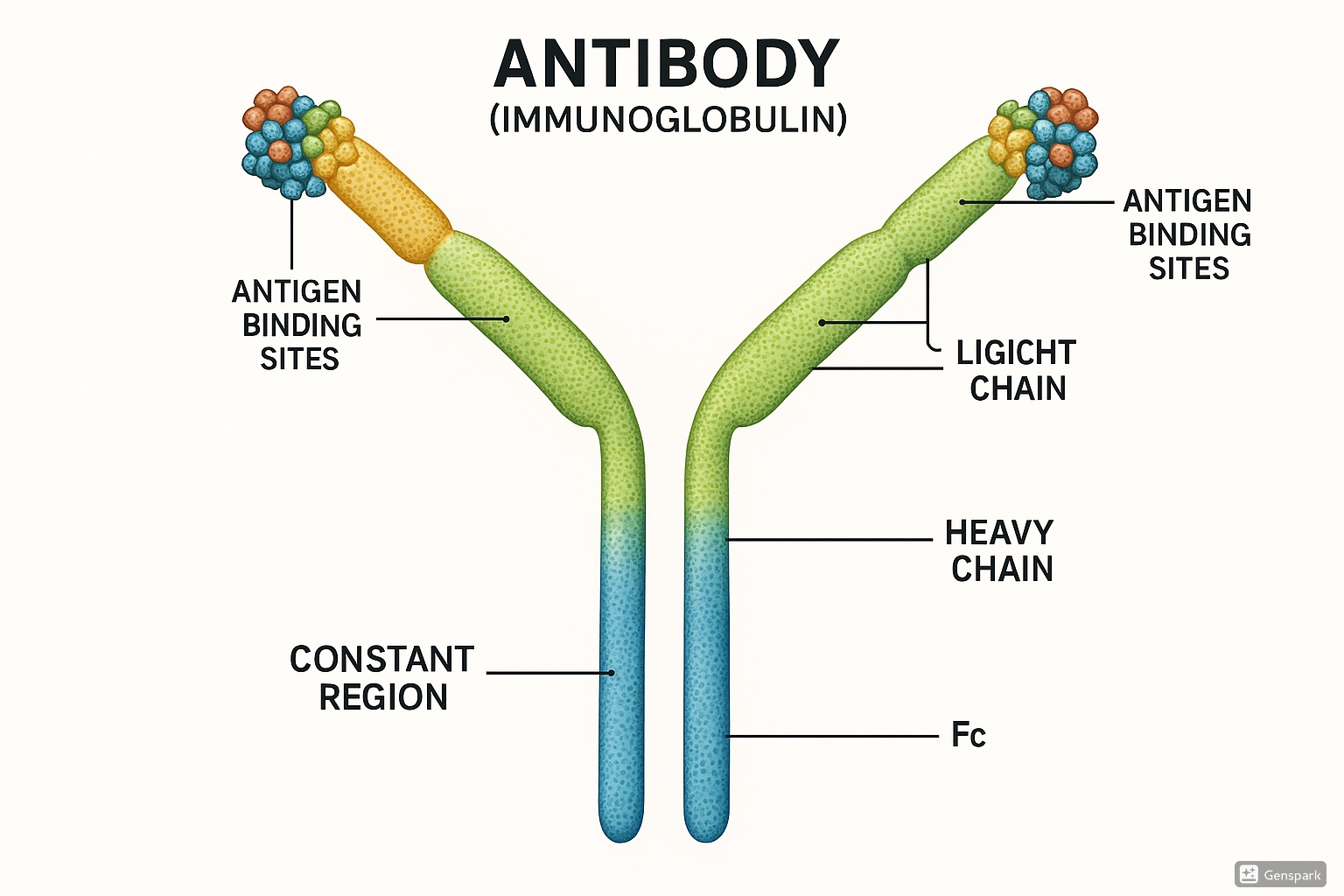 Immunoglobulin Y-shaped structure showing heavy chains, light chains, and functional regions