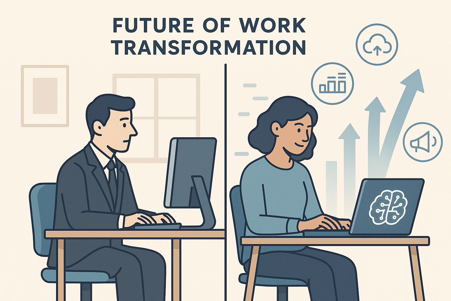 Future of work transformation showing traditional vs AI-enhanced professional workflows