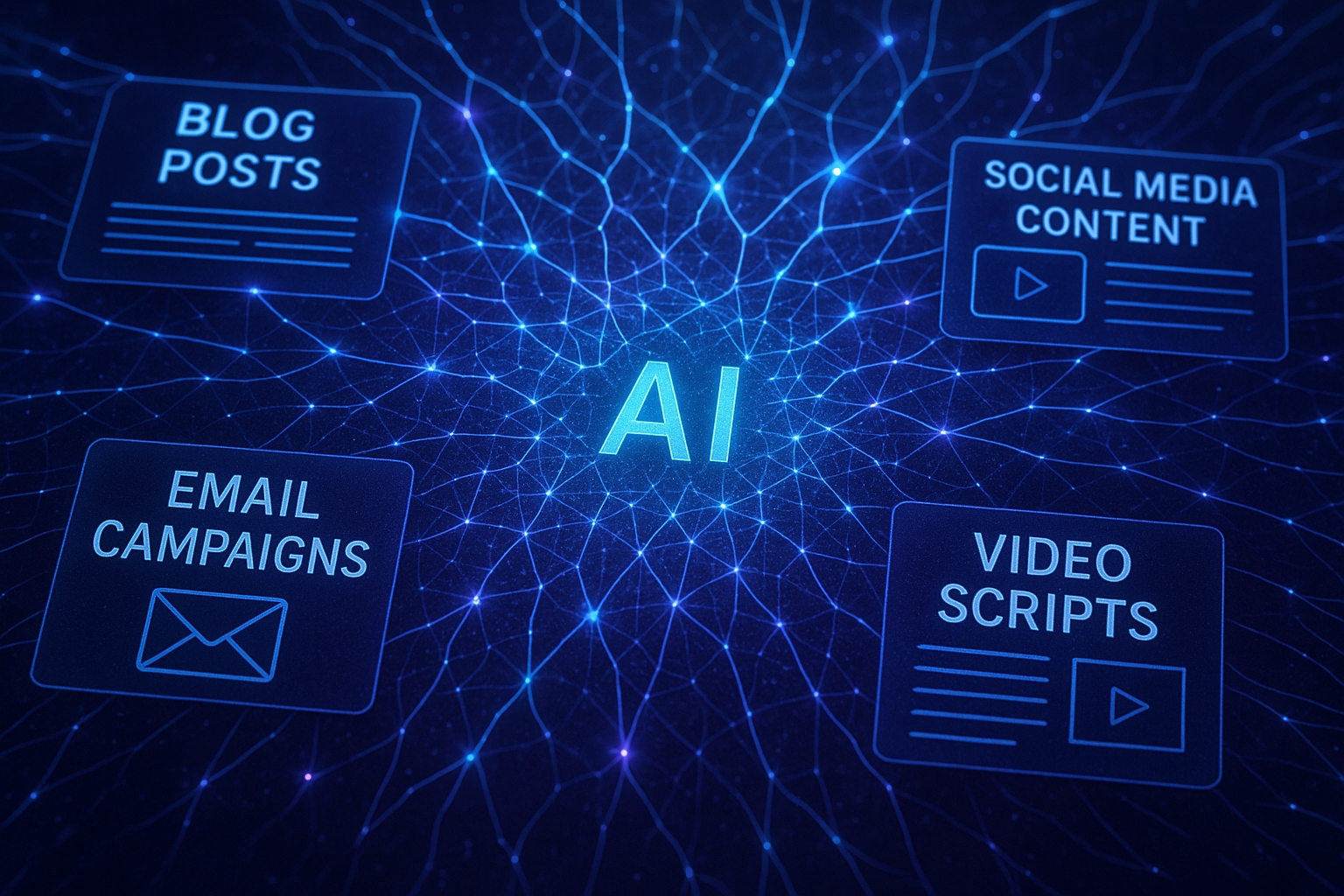 AI neural network visualization showing data flows connecting blog posts, social media content, email campaigns, and video scripts with glowing connections
