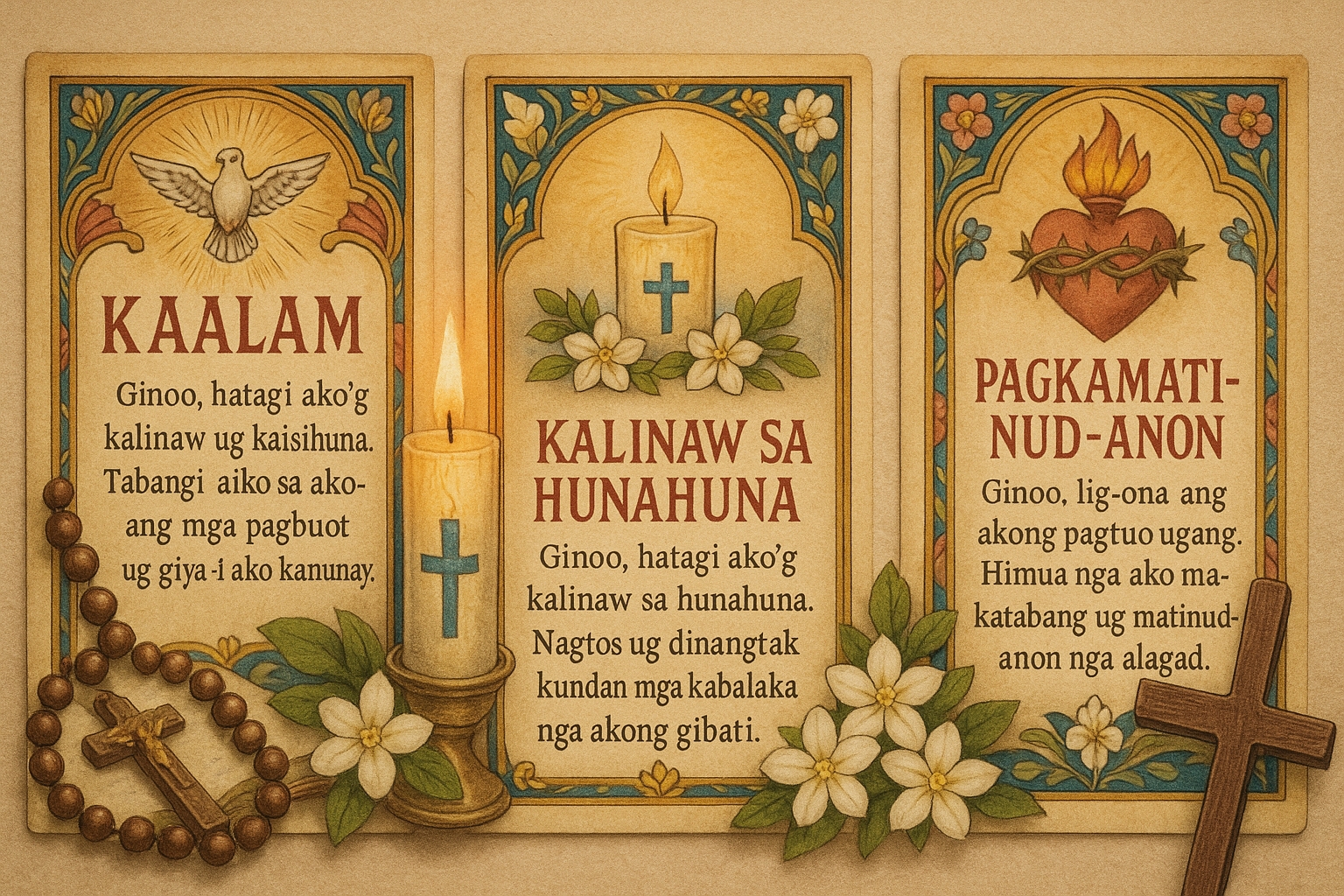 Collection of Bisaya prayer cards for wisdom, peace, and faithfulness