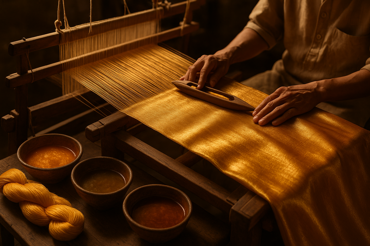 Processus de tissage et de teinture des tissus de soie de luxe avec un métier à tisser traditionnel