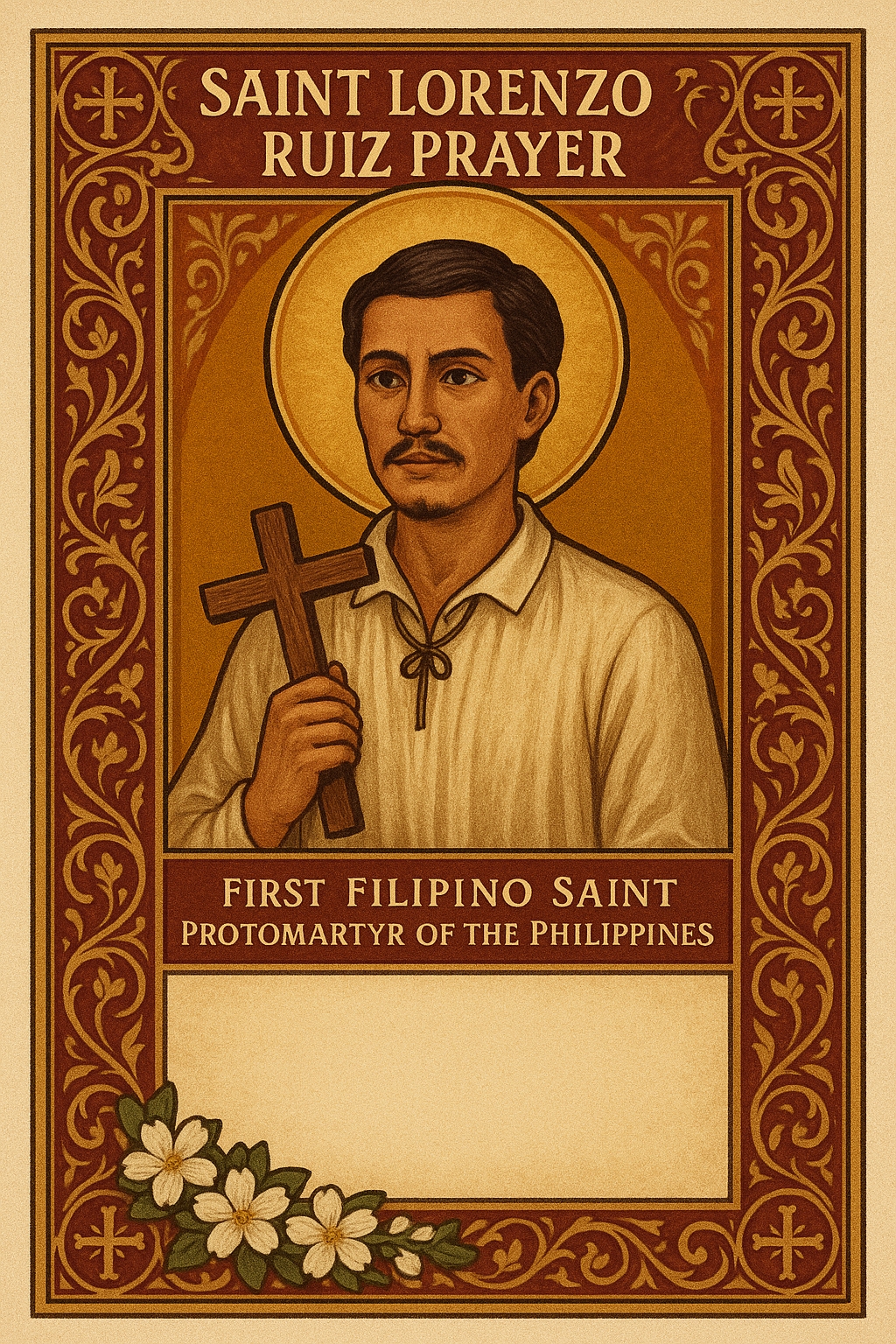 Saint Lorenzo Ruiz prayer card - First Filipino Saint and protomartyr prayer with beautiful Catholic imagery and complete prayer text for workers and families