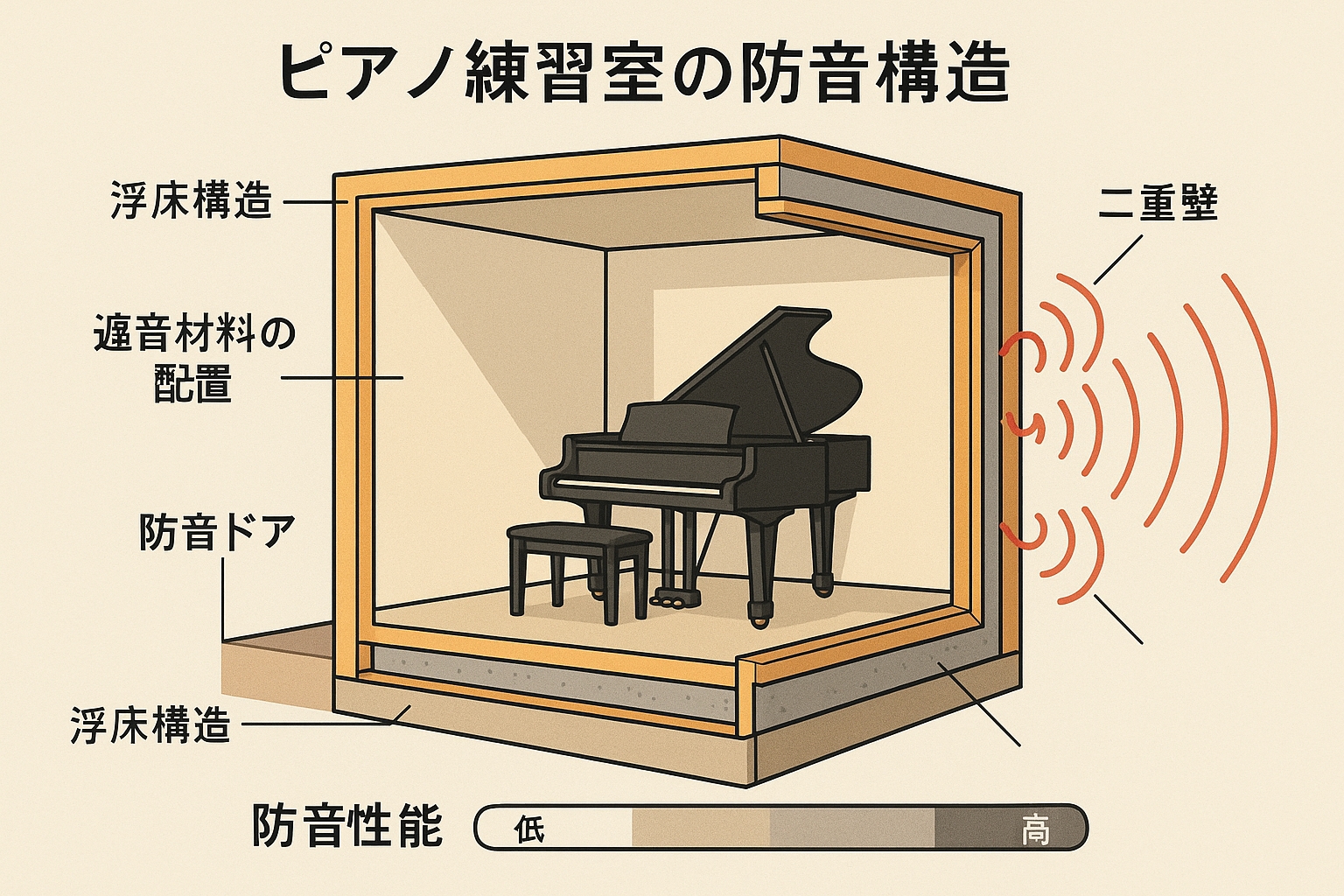 ピアノ練習室防音構造図解