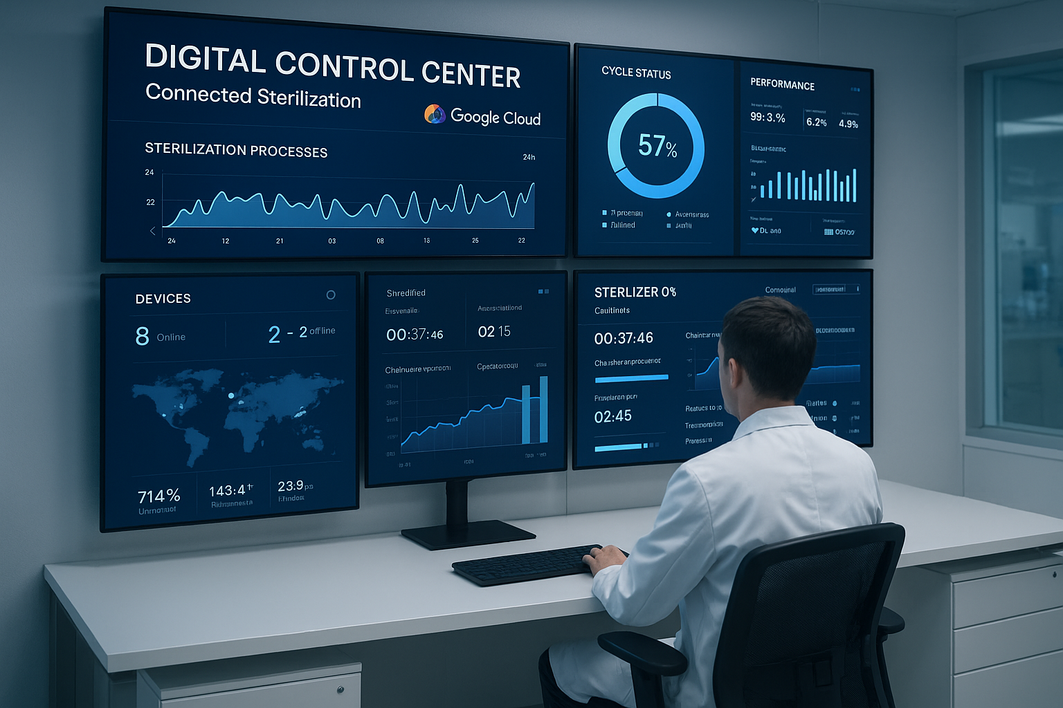 CENTRE DE CONTRÔLE DIGITAL MODERNE POUR STÉRILISATION CONNECTÉE, MULTIPLES ÉCRANS AFFICHANT DONNÉES GOOGLE CLOUD, TECHNICIEN EN BLOUSE BLANCHE SURVEILLANT LES ANALYSES, DASHBOARD TEMPS RÉEL, INDICATEURS DE PERFORMANCE, CONNECTIVITÉ IOT, ENVIRONNEMENT HIGH-TECH MÉDICAL, ÉCLAIRAGE PROFESSIONNEL, ULTRA HAUTE RÉSOLUTION 4K