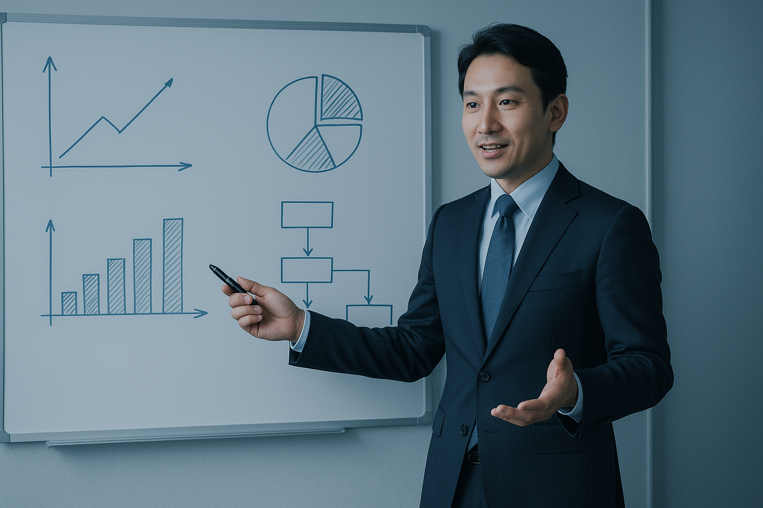 ホワイトボードの前でプレゼンするビジネスマン