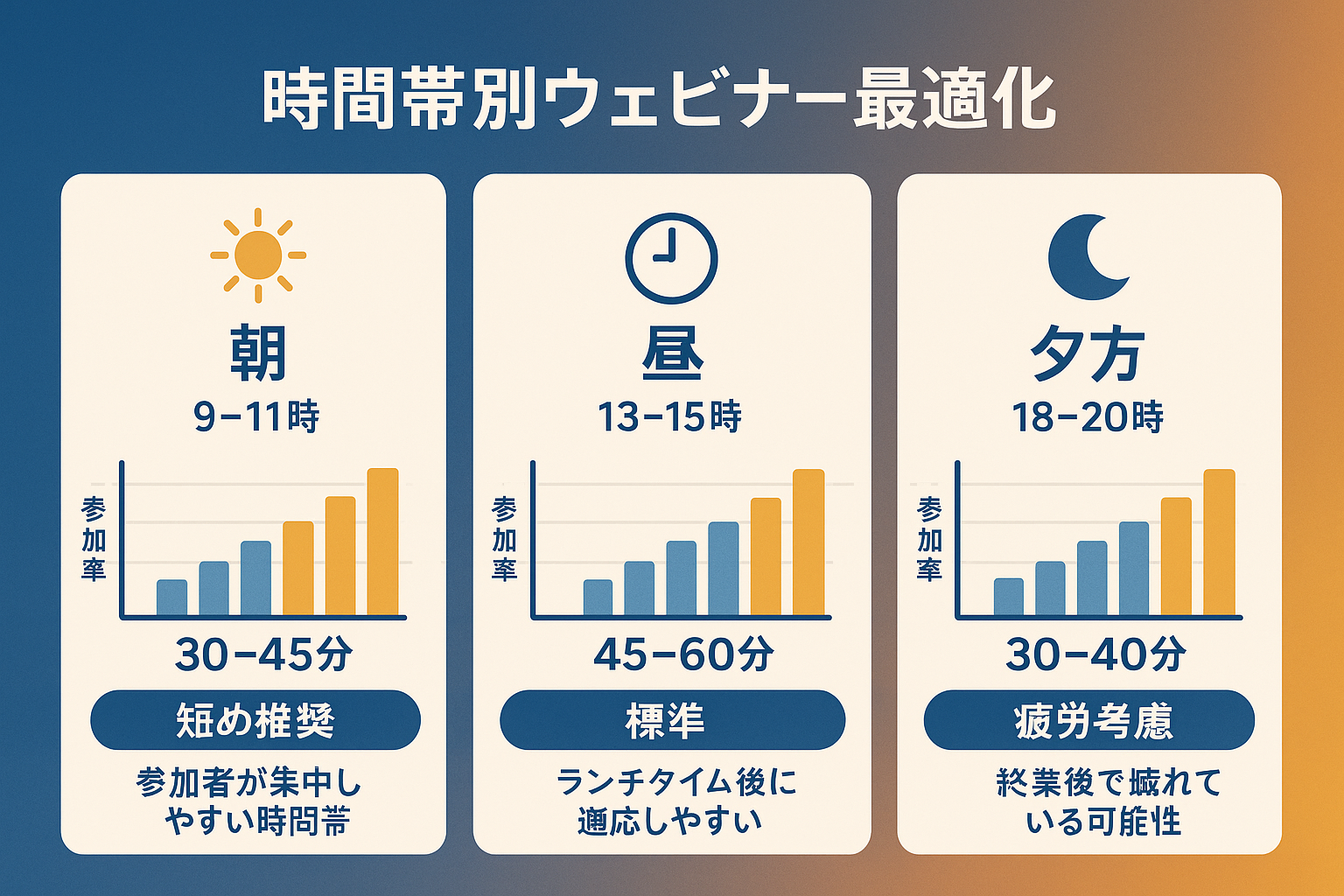 時間帯別最適化チャート - 朝・昼・夕方の時間帯ごとの推奨時間と参加率グラフ