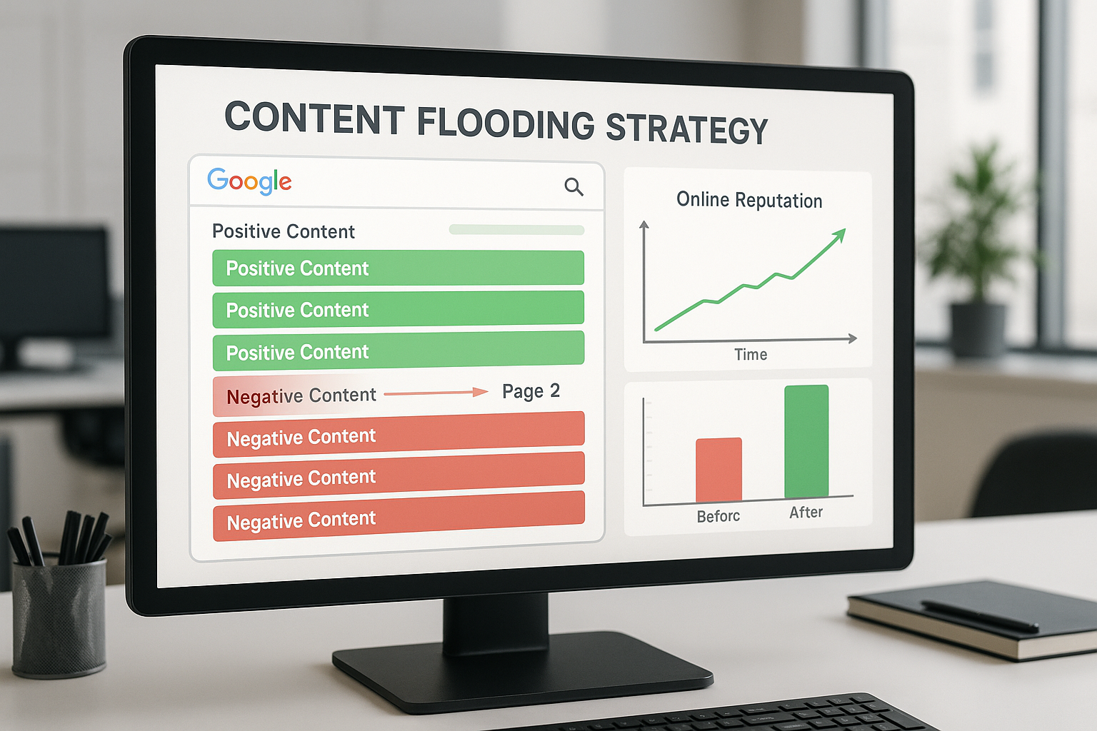 Visualisation d'une stratégie de noyage de contenu montrant des résultats positifs en vert repoussant du contenu négatif en rouge