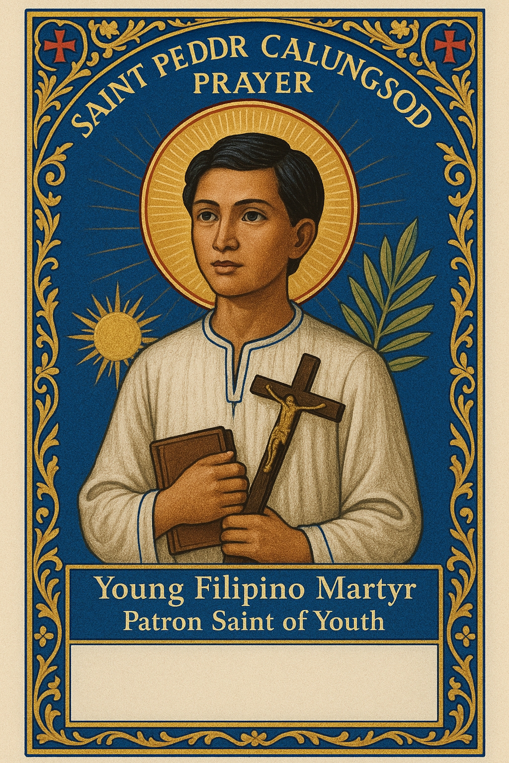 Saint Pedro Calungsod prayer card - Young Filipino martyr and patron saint of youth with Catholic iconography and prayer text