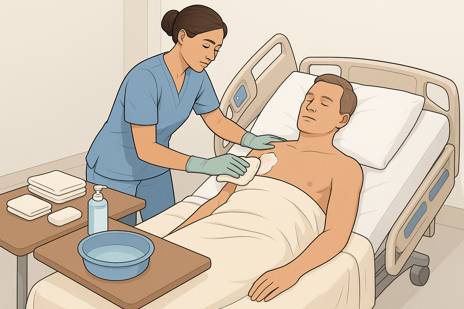 Professional nurse performing bed bath with proper technique