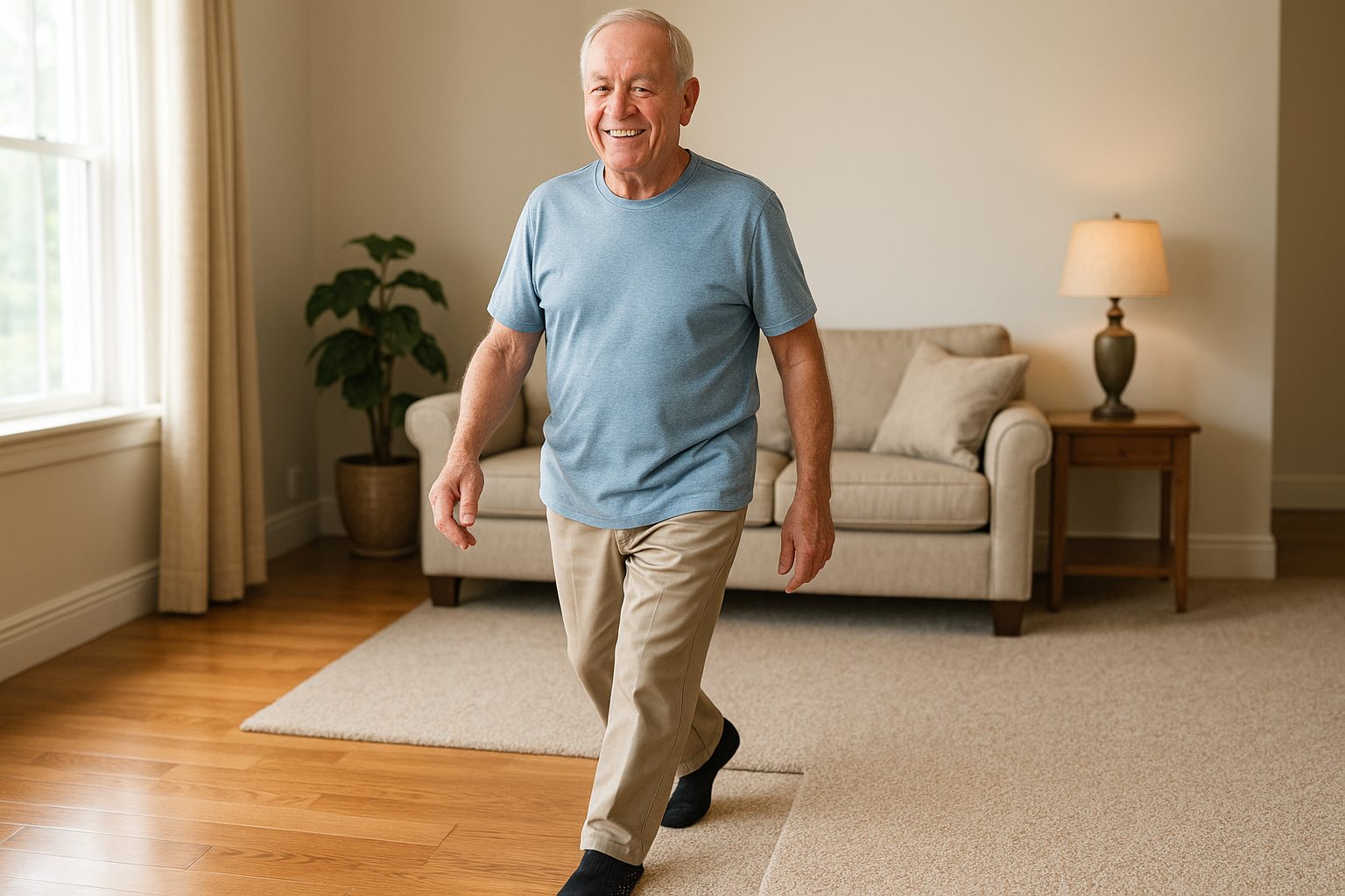 Senior man confidently walking with proper footwear