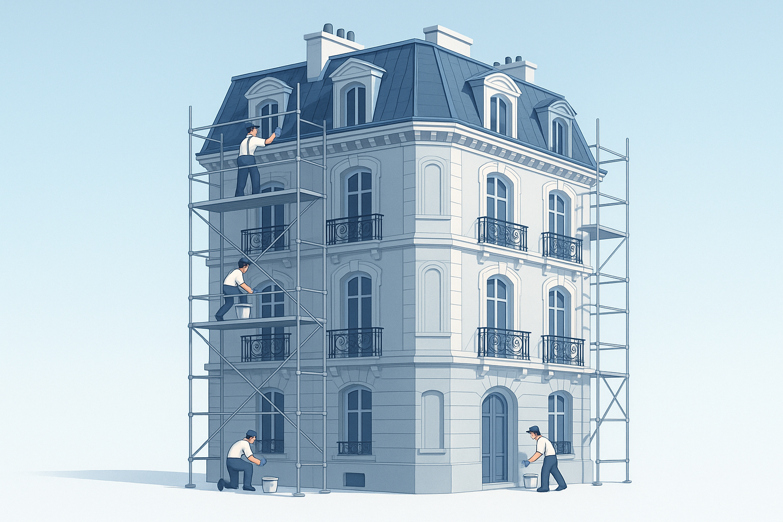 Immeuble historique en style 3D avec couleurs bleu clair et gris