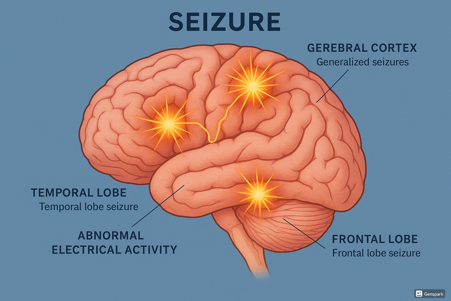 Anatomical illustration of brain during seizure activity showing abnormal electrical discharges in different brain regions