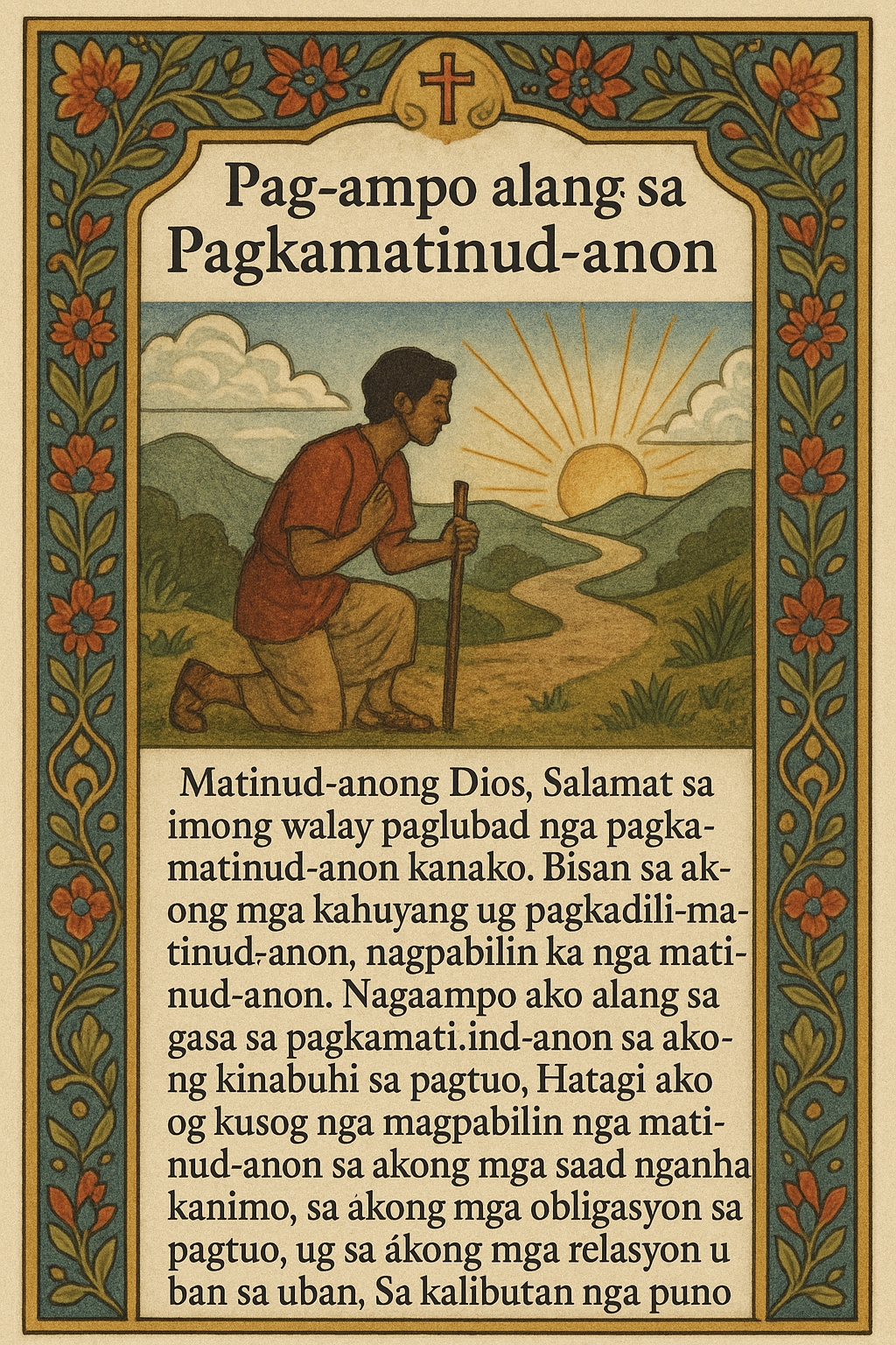 Bisaya prayer card for faithfulness showing a person kneeling in prayer