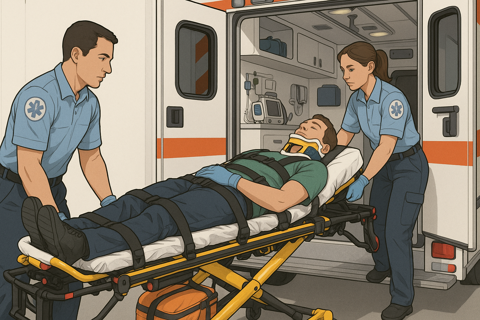 Professional medical transportation scene showing proper patient handling procedures