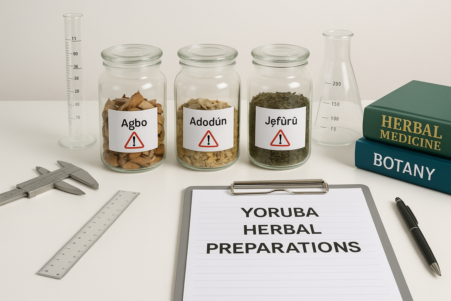 Yoruba Herbal Medicine | Educational setup showing measurement tools and safe handling of Yoruba herbs