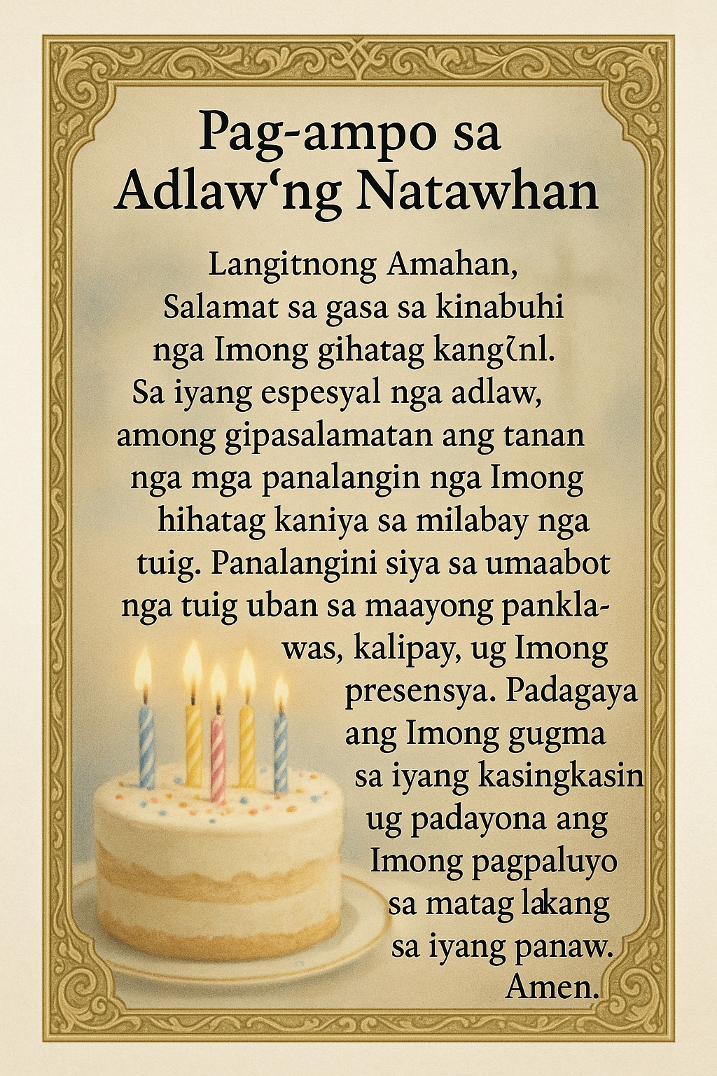 Bisaya prayer card for birthdays showing a birthday cake with candles and the prayer text in Cebuano language