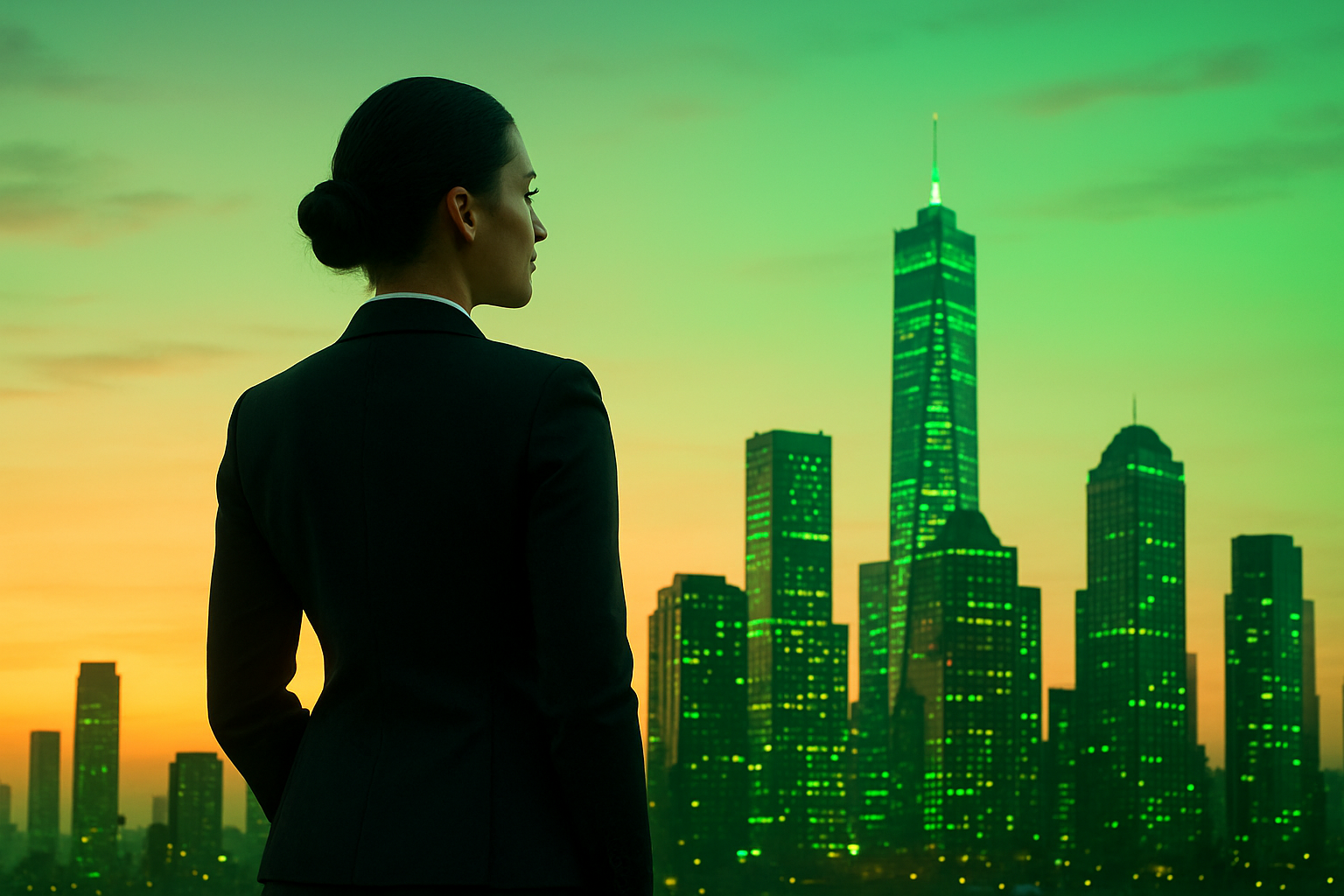 Professional overlooking city skyline