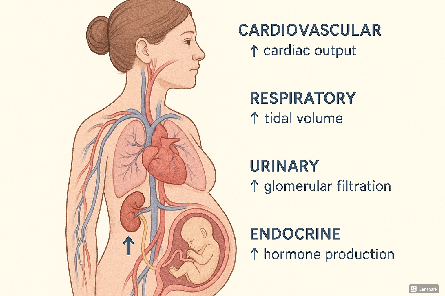 Physiological adaptations during pregnancy showing major body system changes