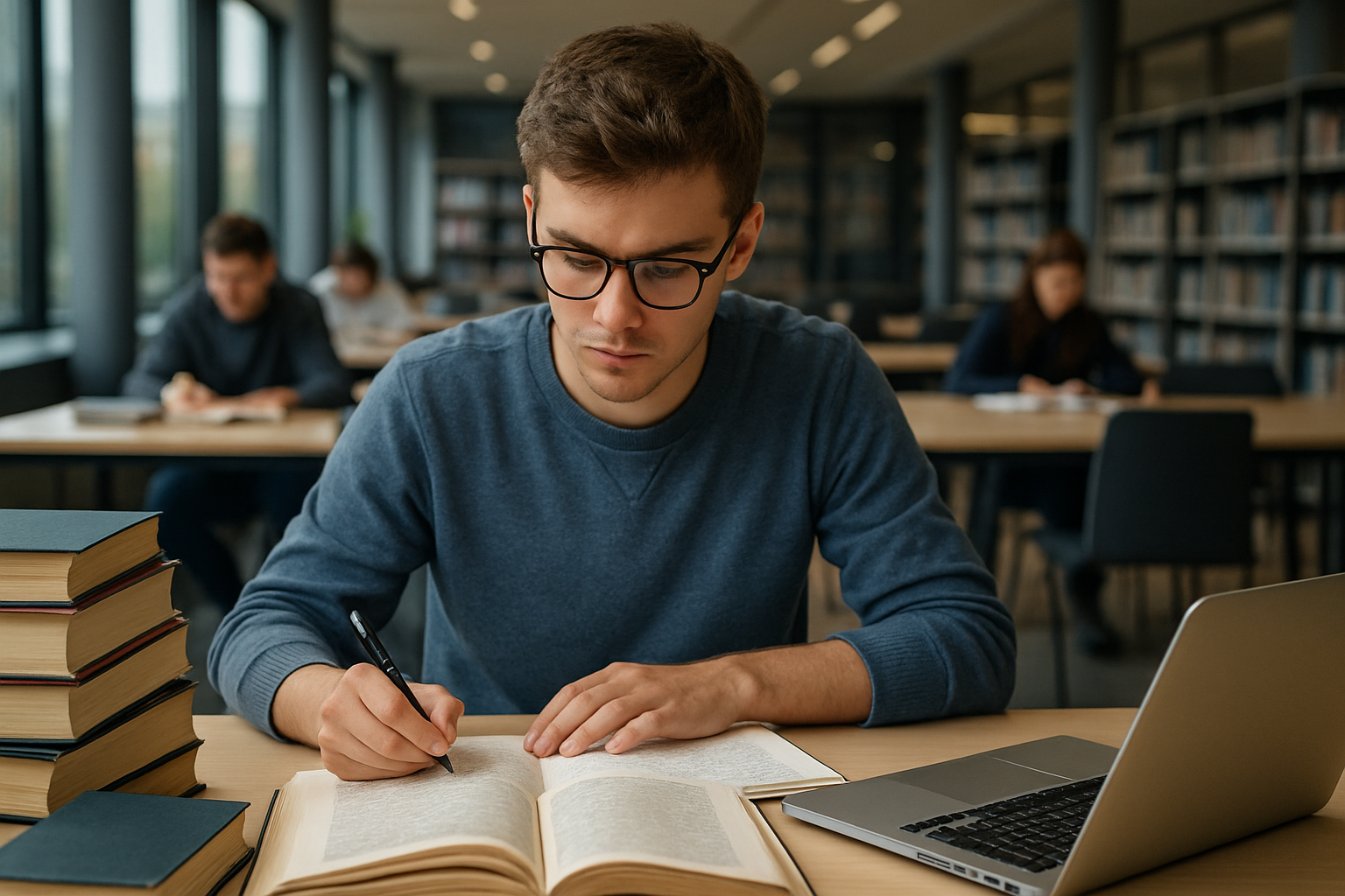 Student uniwersytetu Paweł uczący się w nowoczesnej bibliotece lub przestrzeni do nauki, otoczony książkami i laptopem. Mężczyzna około 20-25 lat w casualowym studenckim stroju, skupiony na badaniach i nauce. Nowoczesne akademickie środowisko z dobrym oświetleniem, inni studenci pracujący cicho w tle.