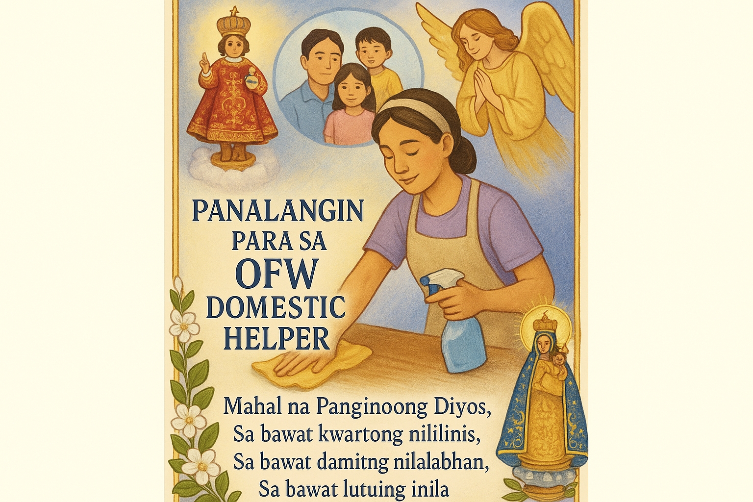 Filipino Catholic prayer card titled "Panalangin Para sa OFW Domestic Helper" showing a domestic worker cleaning while thinking of family in the Philippines