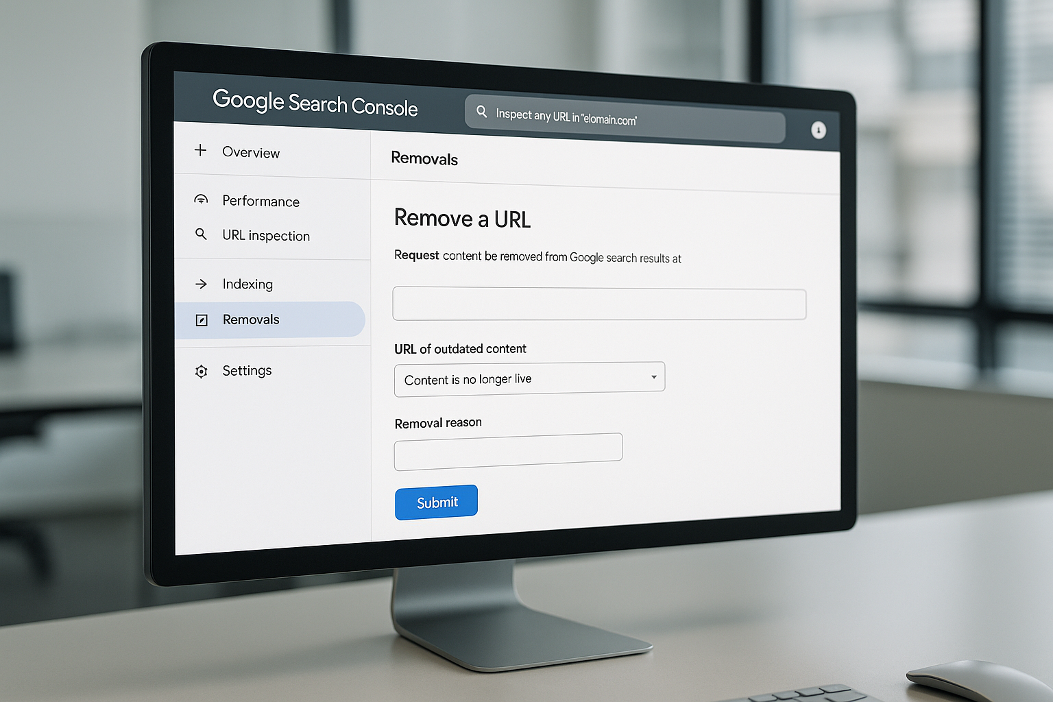Interface de Google Search Console montrant l'outil de suppression d'URL
