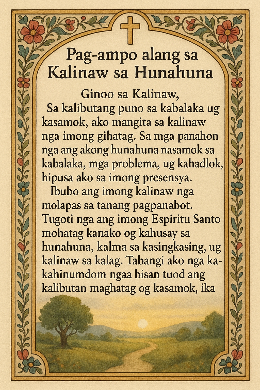 Bisaya prayer card for peace of mind showing a serene landscape