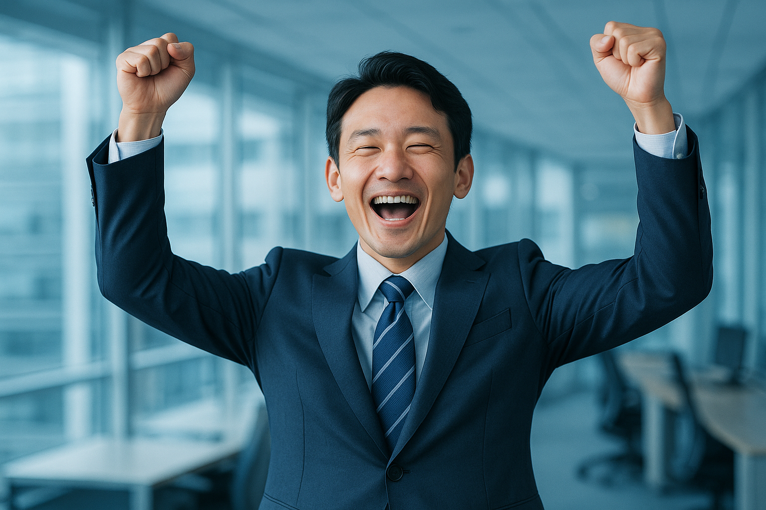 両手を突き上げて嬉しそうな日本人ビジネスマン