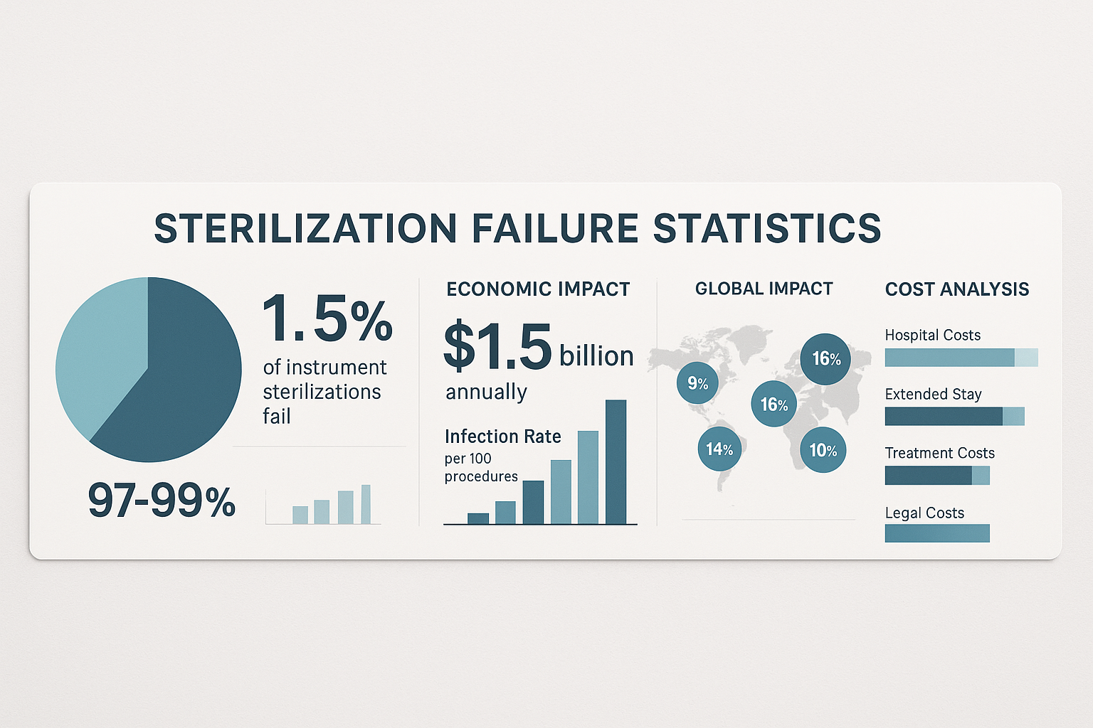POURQUOI LA STÉRILISATION NE FONCTIONNE PAS 9 INFOGRAPHIE PROFESSIONNELLE MONTRANT LES STATISTIQUES D'ÉCHECS DE STÉRILISATION ET L'IMPACT ÉCONOMIQUE MONDIAL