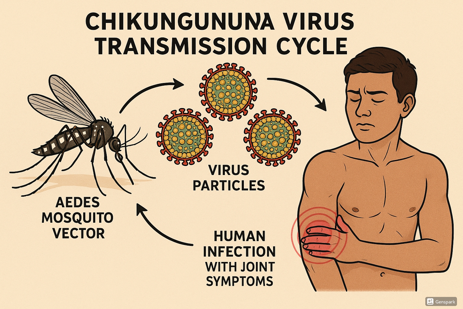 Detailed medical illustration of Chikungunya virus transmission cycle showing Aedes mosquito vector, virus particles, and human infection with joint symptoms, labeled diagram for nursing education