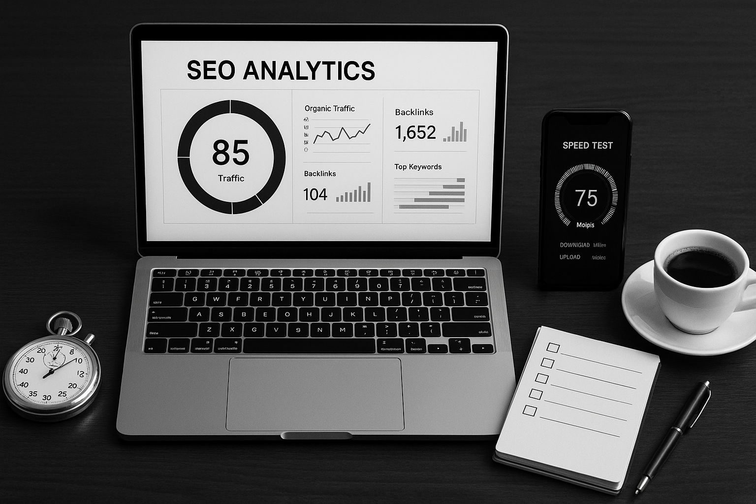 Quick SEO audit - professional workspace with laptop displaying SEO analytics, speed test results, stopwatch and checklist tools for efficient optimization