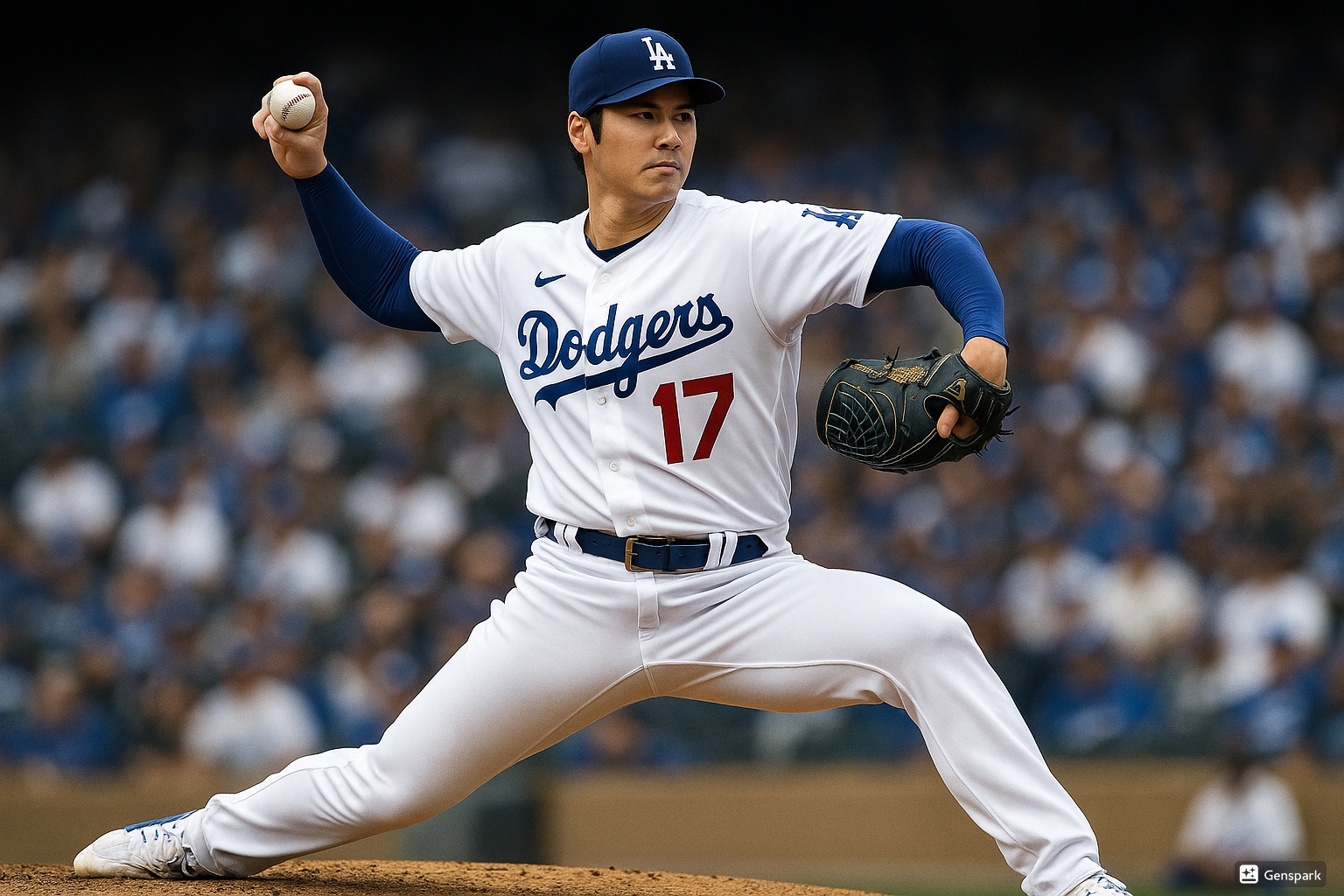 大谷翔平選手がドジャースのユニフォームを着て、マウンド上でスイーパーの握りで投球フォームを取っている様子