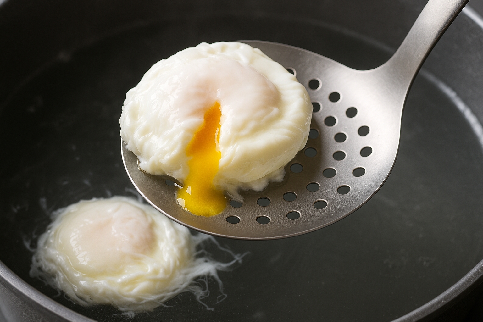 Close-up of perfectly poached eggs with runny yolks being lifted from simmering water with a slotted spoon