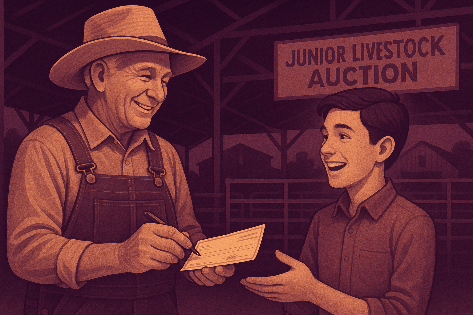 Farmer writing check to young person at junior livestock auction