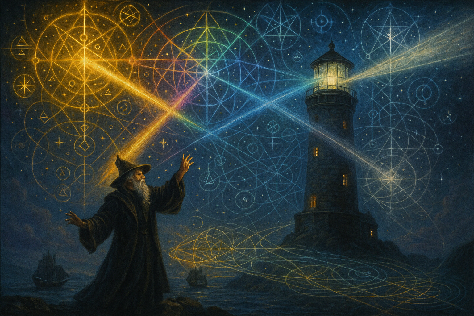 Gallery of advanced lighthouse magic showing multiple AI beams working together to create complex business navigation patterns