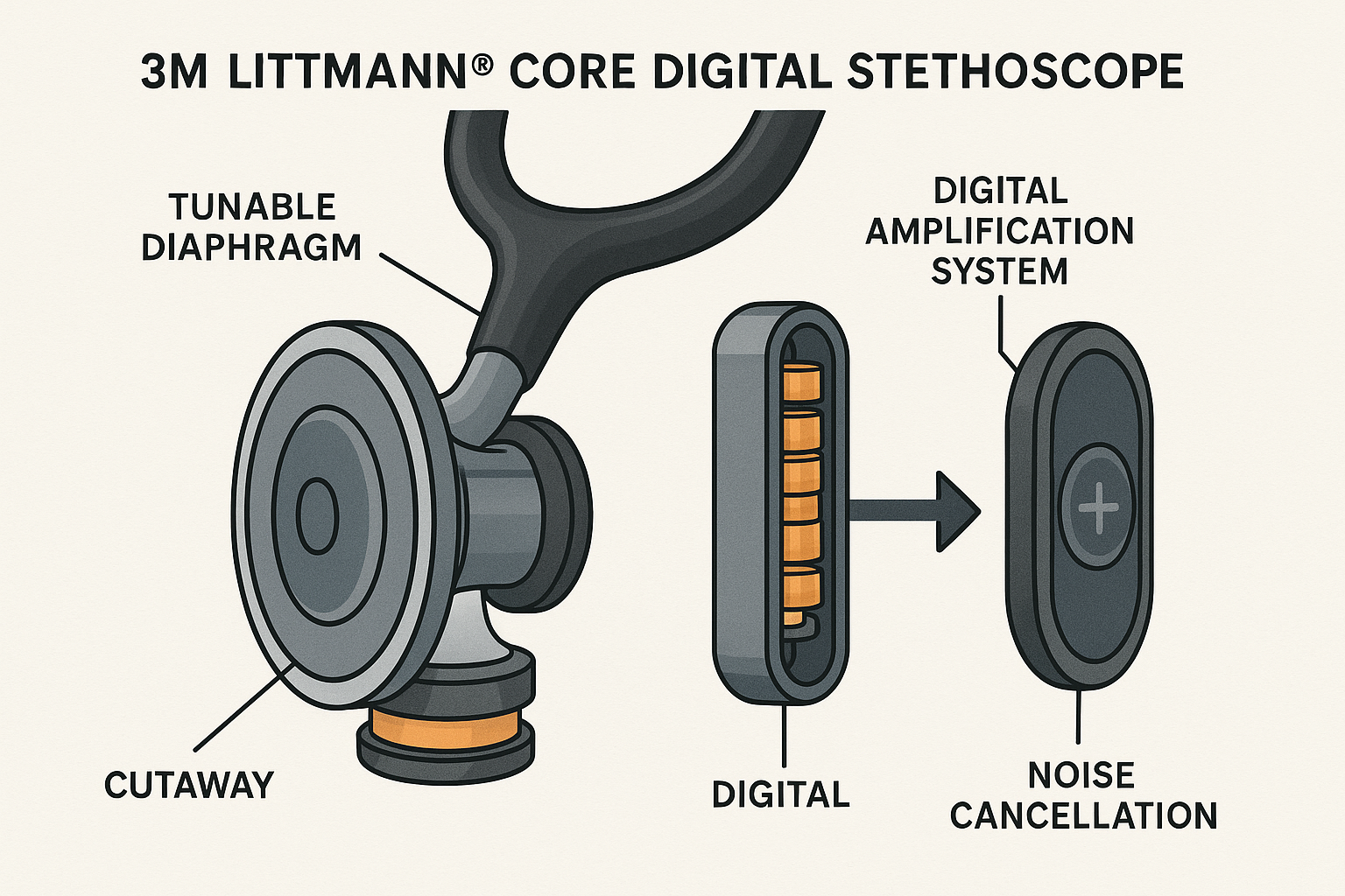 Technical diagram showing 3M Littmann CORE digital stethoscope components