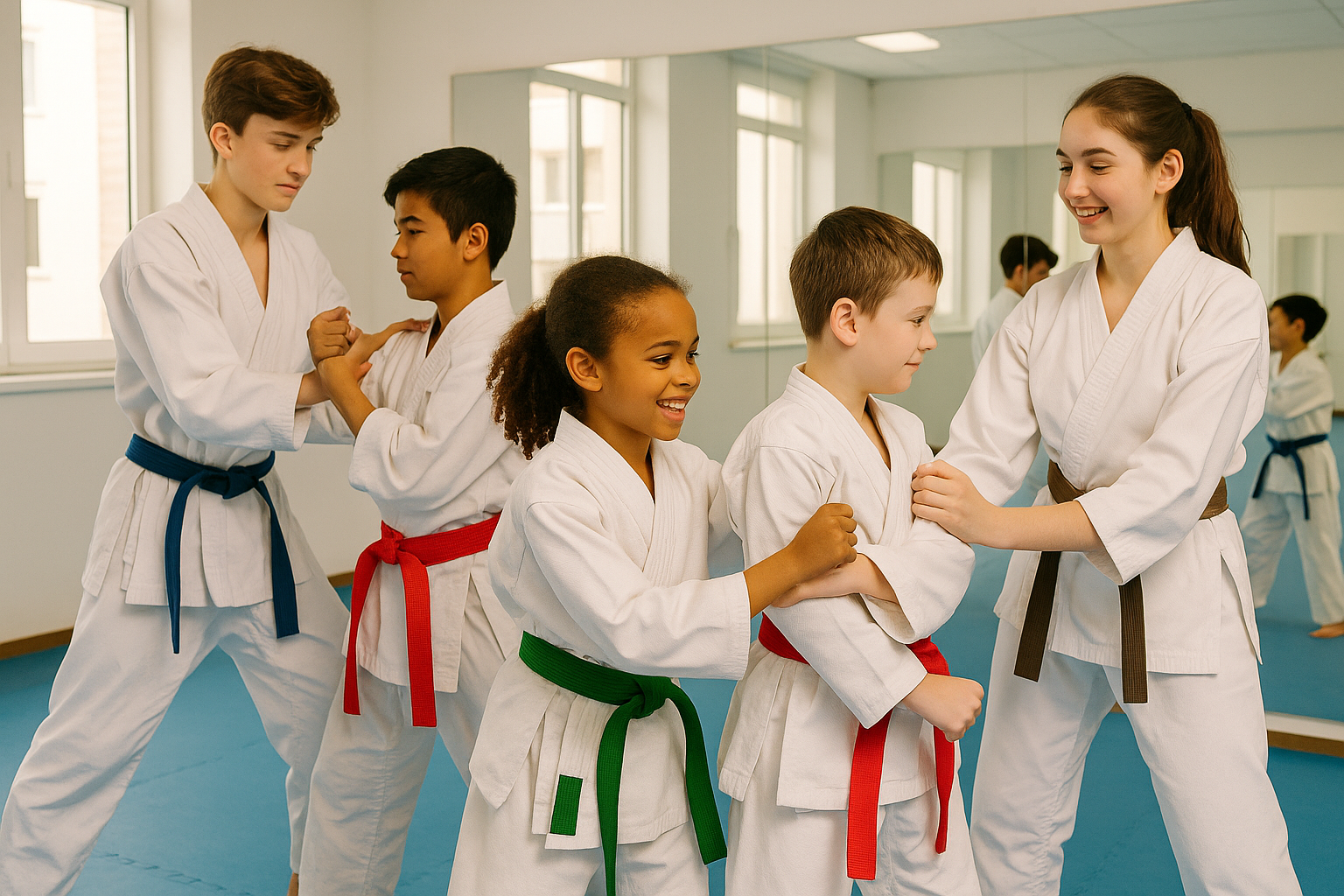 Diverse martial arts students training together in Groveland FL - community-focused karate classes