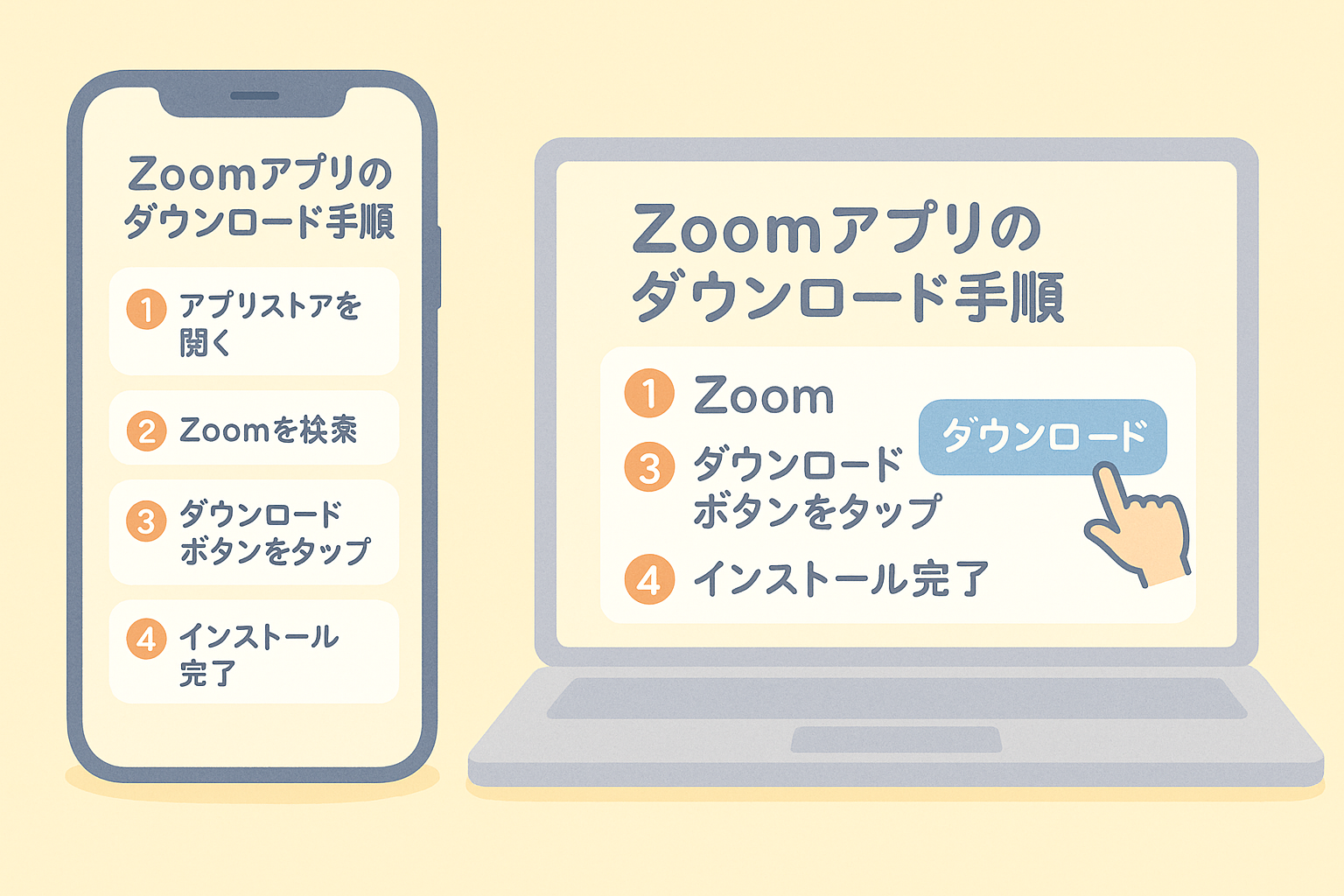 Zoomダウンロード手順 - スマートフォンとパソコンでのアプリダウンロード手順を示すイラスト