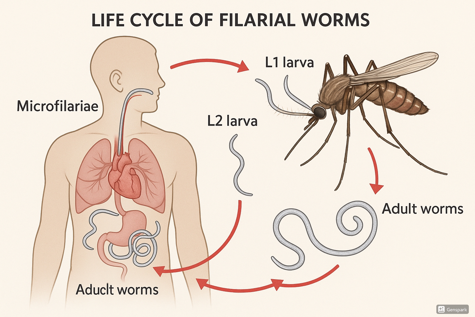 Life cycle of filarial worms showing transmission between mosquito vector and human host