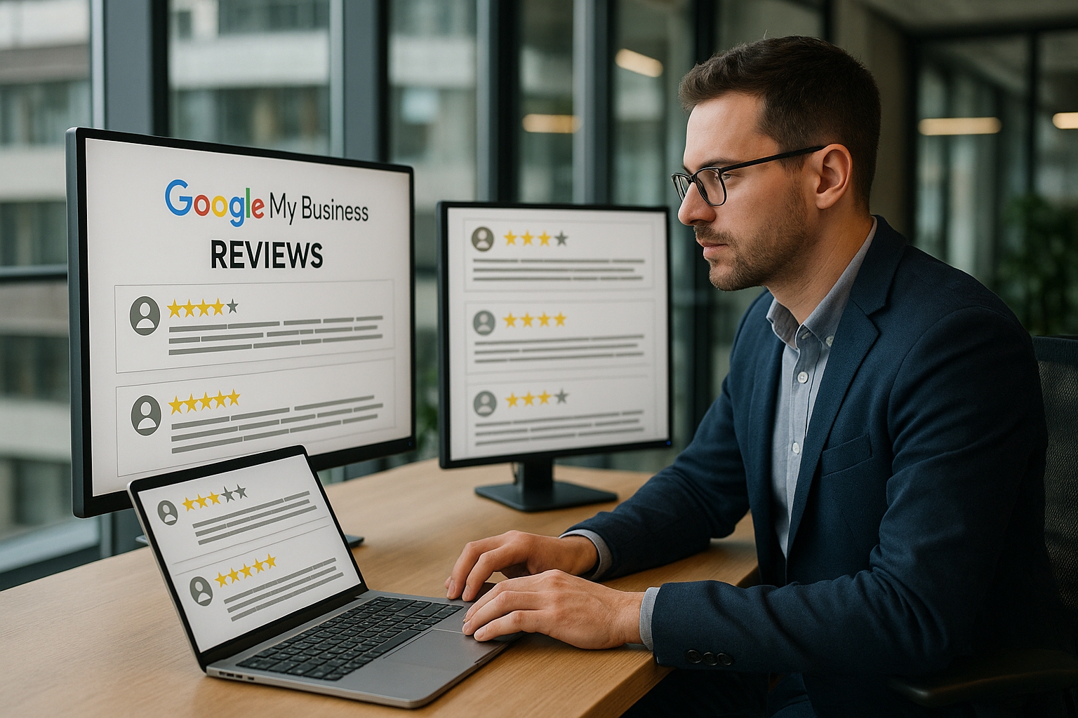 Professionnel de l'e-réputation travaillant sur un ordinateur portable dans un bureau moderne, analysant des avis Google My Business sur plusieurs écrans