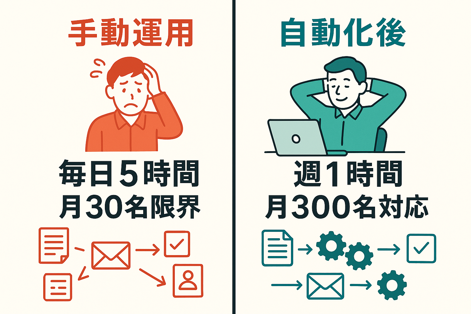 手動運用vs自動化後の比較インフォグラフィック