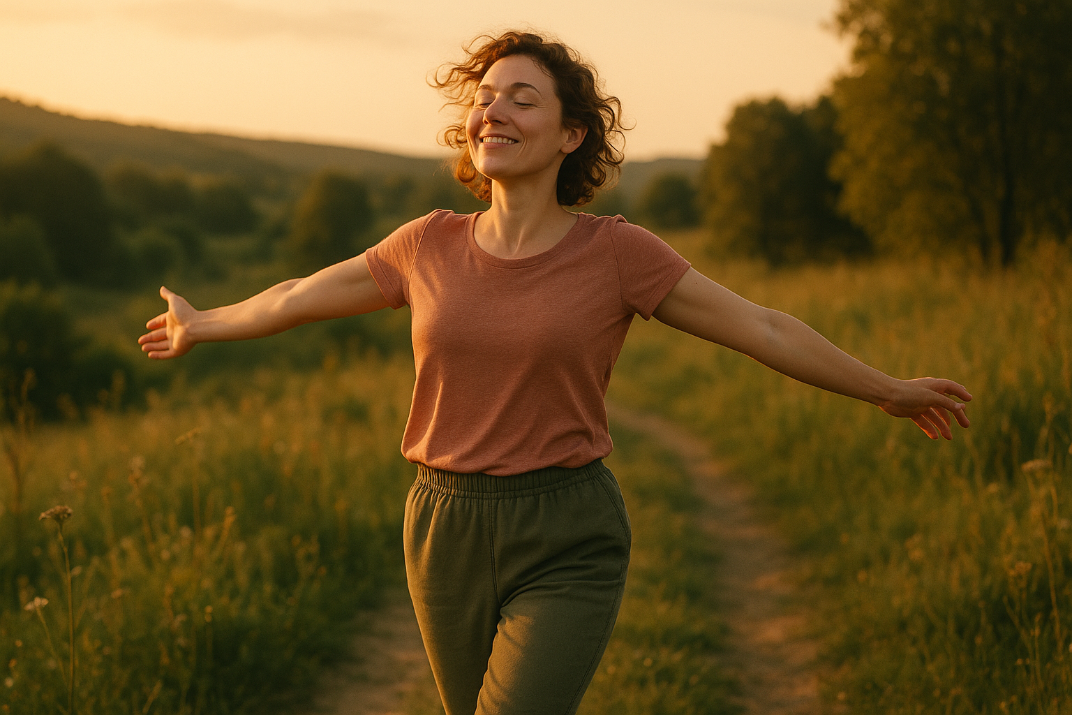 Person joyfully walking in nature