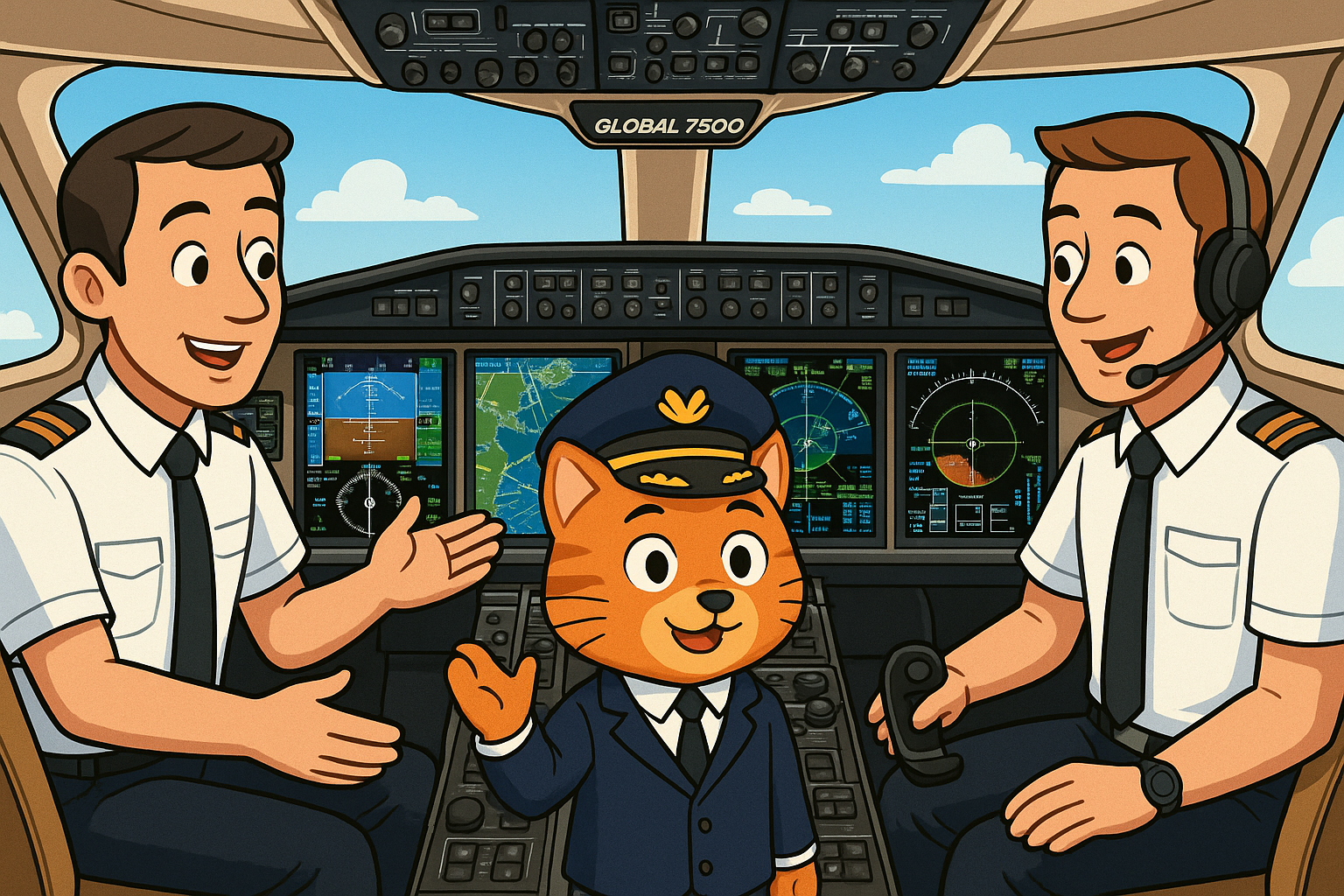 VIP Cat visiting Global 7500 cockpit with advanced avionics