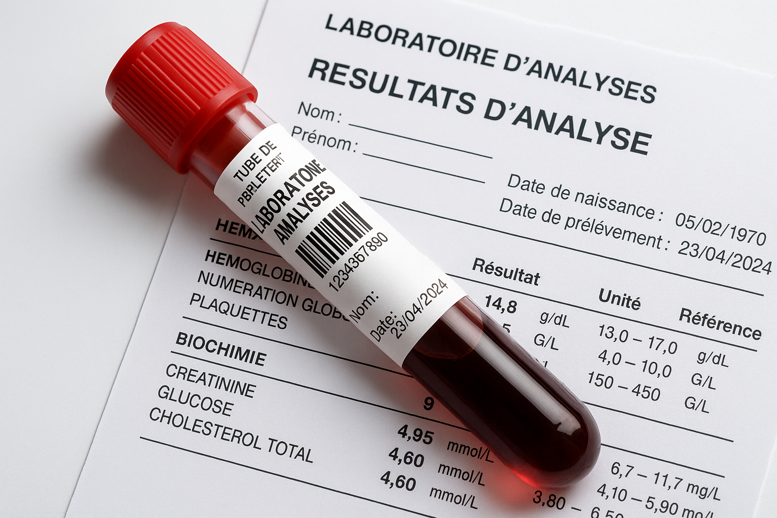 TUBE DE PRÉLÈVEMENT SANGUIN AVEC ÉTIQUETTE DE LABORATOIRE D'ANALYSE FRANÇAIS