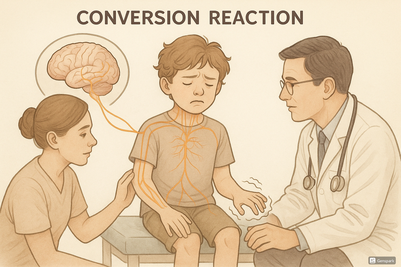 Conversion reaction in children showing a child with neurological symptoms being evaluated by healthcare providers, with neural pathways highlighted