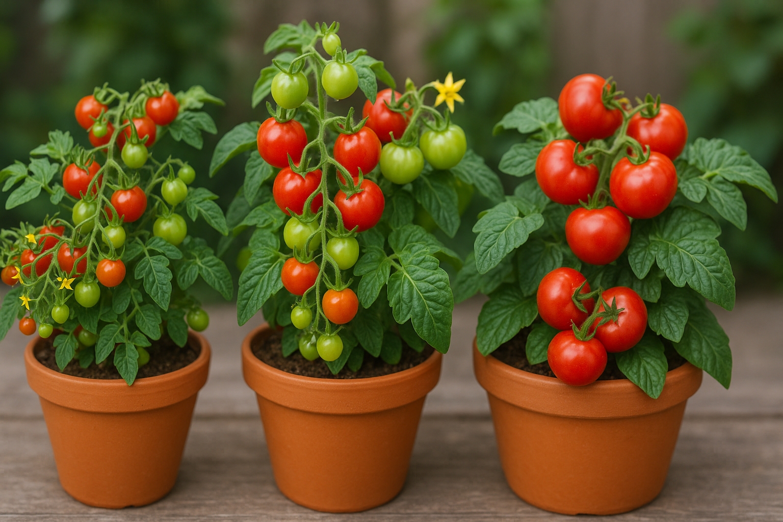 Composition montrant différentes variétés de tomates adaptées à la culture en pot - tomates cerises, tomates cocktail et variétés compactes avec leurs caractéristiques visuelles distinctives