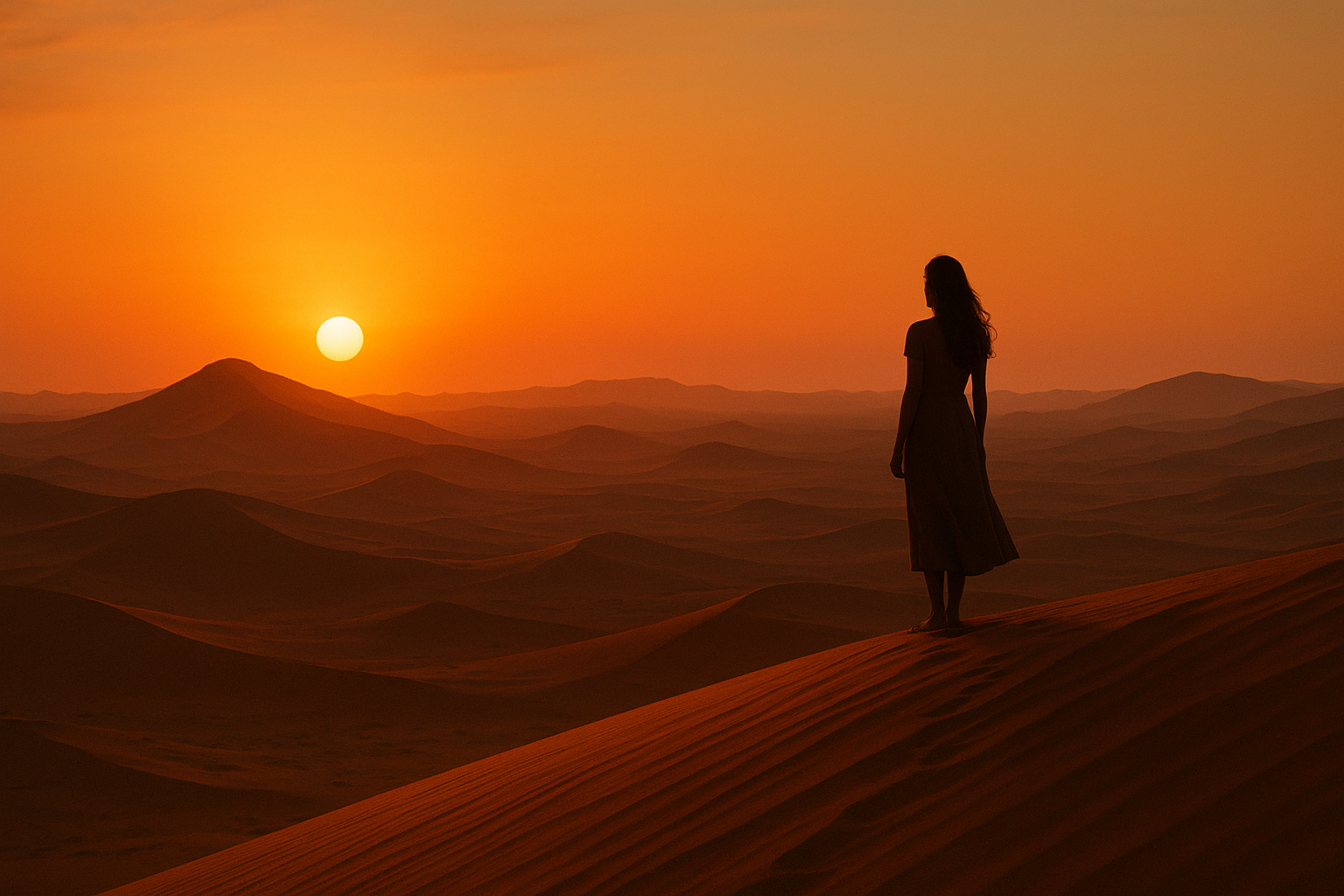ナミビアの砂漠で夕日を見つめる女性のシルエット