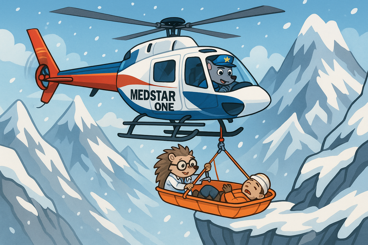 Mountain rescue operation with MedStar One hovering above narrow ledge